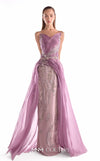 Old rose floral lace evening gown MNM Couture Style G2131 with an angular bust, pleated bodice, and a fluid sweeping organza train