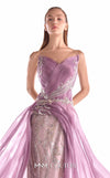 Old rose floral lace evening gown MNM Couture Style G2131 with an angular bust, pleated bodice, and a fluid sweeping organza train