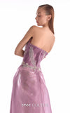 Old rose floral lace evening gown MNM Couture Style G2131 with an angular bust, pleated bodice, and a fluid sweeping organza train