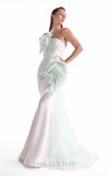Off-white strapless mermaid gown MNM Couture Style G2135 featuring gradient mint pearl-embroidered lace and pleated lamé organza