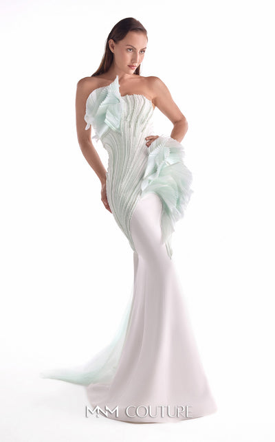 Off-white strapless mermaid gown MNM Couture Style G2135 featuring gradient mint pearl-embroidered lace and pleated lamé organza