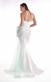 Off-white strapless mermaid gown MNM Couture Style G2135 featuring gradient mint pearl-embroidered lace and pleated lamé organza