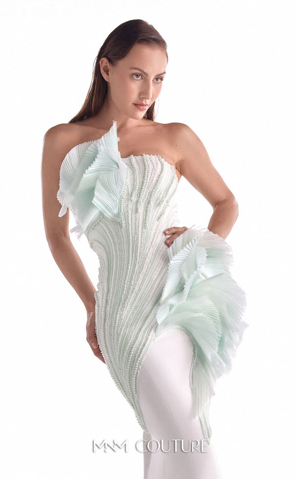 Off-white strapless mermaid gown MNM Couture Style G2135 featuring gradient mint pearl-embroidered lace and pleated lamé organza