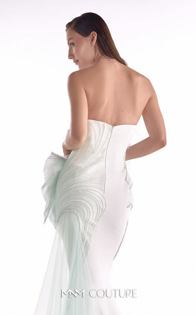 Off-white strapless mermaid gown MNM Couture Style G2135 featuring gradient mint pearl-embroidered lace and pleated lamé organza