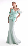 Mint green mermaid gown MNM Couture Style G2136 featuring fluid organza draping, artful bodice pleats, and a soft off-shoulder neckline