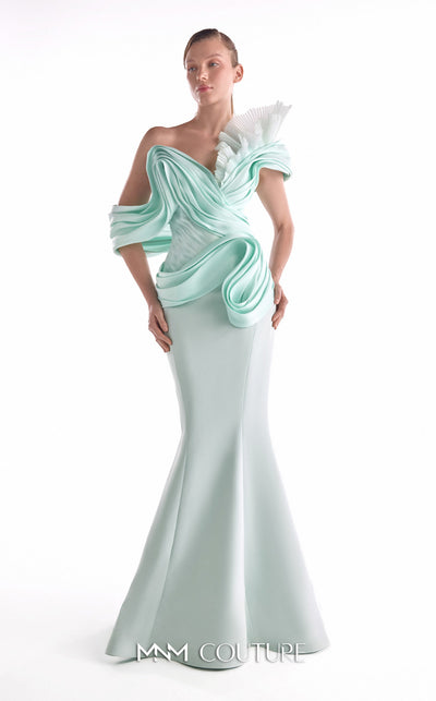 Mint green mermaid gown MNM Couture Style G2136 featuring fluid organza draping, artful bodice pleats, and a soft off-shoulder neckline