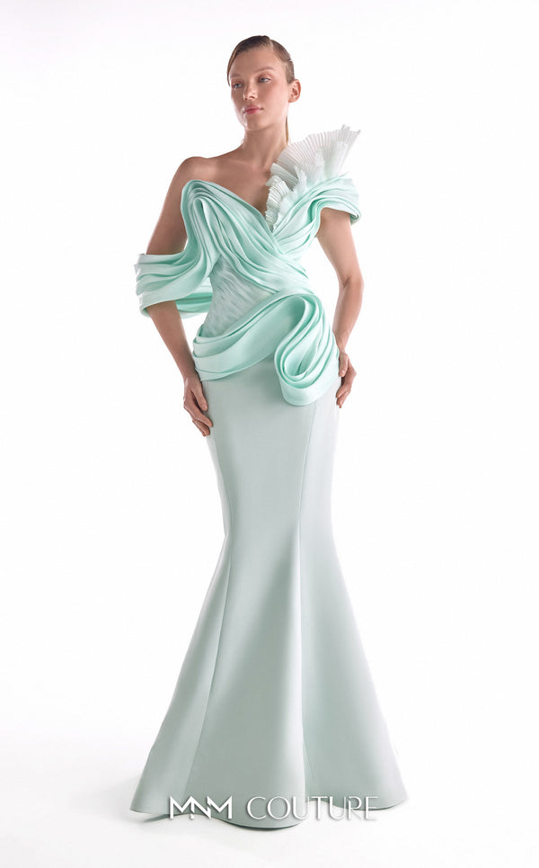 Mint green mermaid gown MNM Couture Style G2136 featuring fluid organza draping, artful bodice pleats, and a soft off-shoulder neckline
