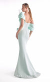 Mint green mermaid gown MNM Couture Style G2136 featuring fluid organza draping, artful bodice pleats, and a soft off-shoulder neckline