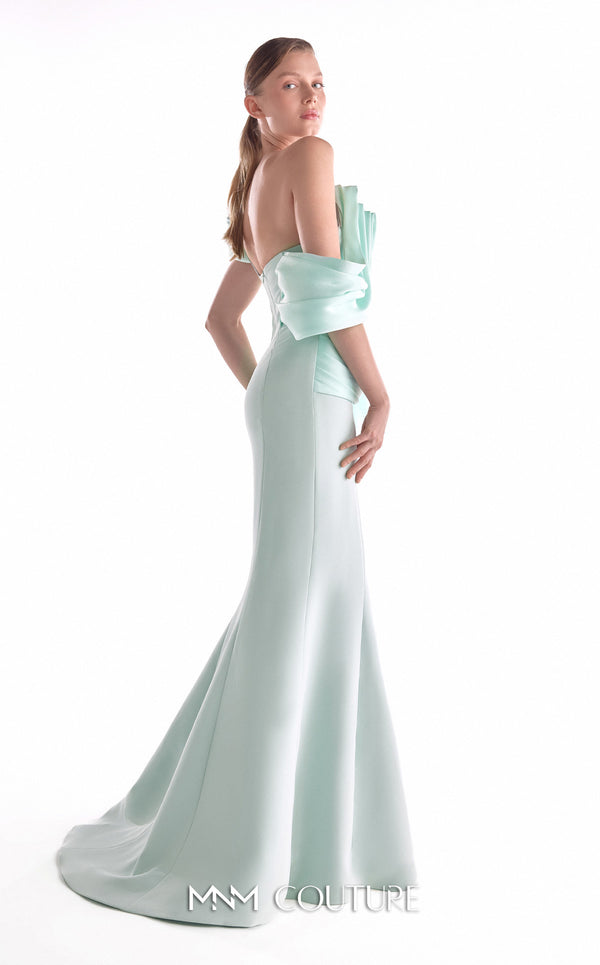 Mint green mermaid gown MNM Couture Style G2136 featuring fluid organza draping, artful bodice pleats, and a soft off-shoulder neckline