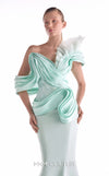 Mint green mermaid gown MNM Couture Style G2136 featuring fluid organza draping, artful bodice pleats, and a soft off-shoulder neckline