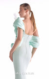 Mint green mermaid gown MNM Couture Style G2136 featuring fluid organza draping, artful bodice pleats, and a soft off-shoulder neckline