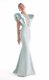 Mint crepe mermaid gown MNM Couture Style G2138 adorned with voluminous organza shoulders and cascading pearl drapery over a sheer illusion panel