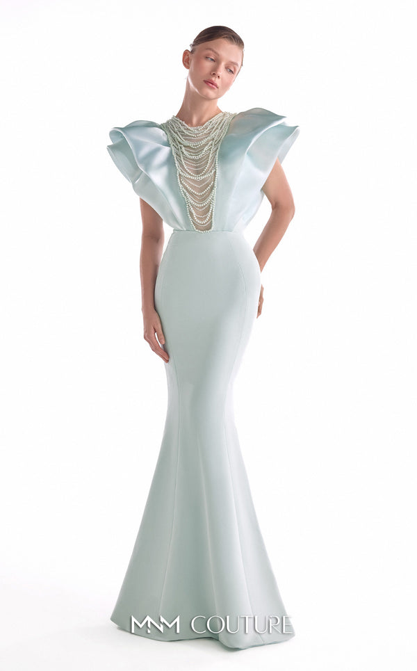 Mint crepe mermaid gown MNM Couture Style G2138 adorned with voluminous organza shoulders and cascading pearl drapery over a sheer illusion panel