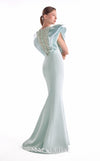 Mint crepe mermaid gown MNM Couture Style G2138 adorned with voluminous organza shoulders and cascading pearl drapery over a sheer illusion panel