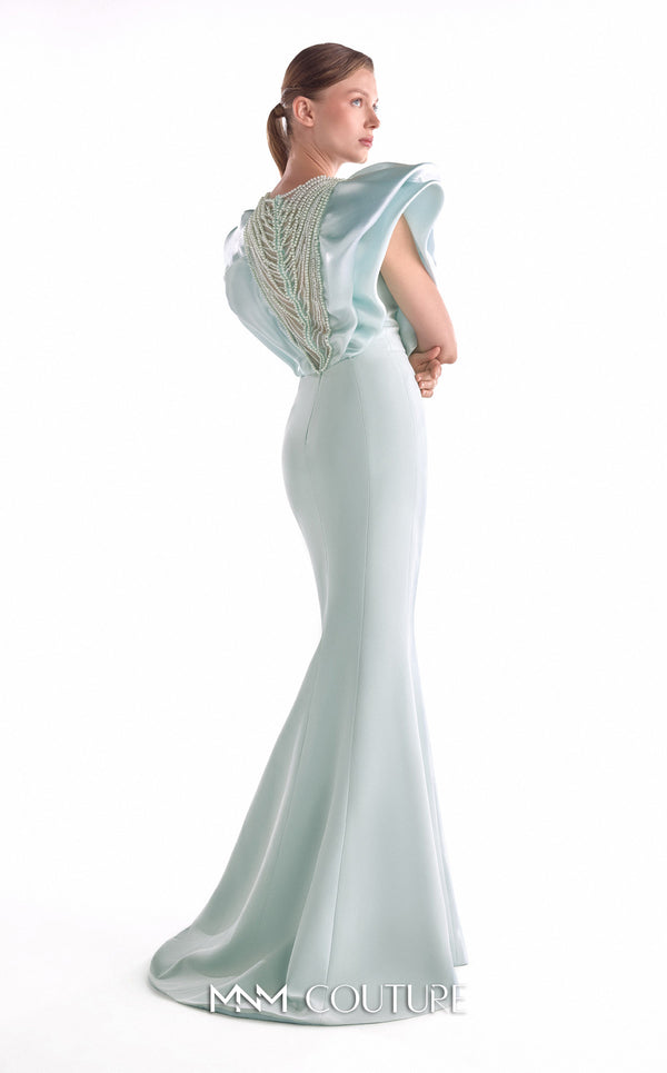 Mint crepe mermaid gown MNM Couture Style G2138 adorned with voluminous organza shoulders and cascading pearl drapery over a sheer illusion panel