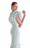 Mint crepe mermaid gown MNM Couture Style G2138 adorned with voluminous organza shoulders and cascading pearl drapery over a sheer illusion panel