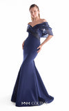 Navy crepe mermaid gown MNM Couture Style G2144 featuring an off-shoulder neckline with gracefully draped midnight blue liquid organza