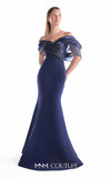 Navy crepe mermaid gown MNM Couture Style G2144 featuring an off-shoulder neckline with gracefully draped midnight blue liquid organza