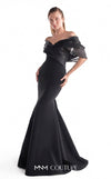 Navy crepe mermaid gown MNM Couture Style G2144 featuring an off-shoulder neckline with gracefully draped midnight blue liquid organza
