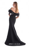 Navy crepe mermaid gown MNM Couture Style G2144 featuring an off-shoulder neckline with gracefully draped midnight blue liquid organza