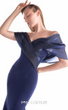 Navy crepe mermaid gown MNM Couture Style G2144 featuring an off-shoulder neckline with gracefully draped midnight blue liquid organza