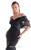 Navy crepe mermaid gown MNM Couture Style G2144 featuring an off-shoulder neckline with gracefully draped midnight blue liquid organza