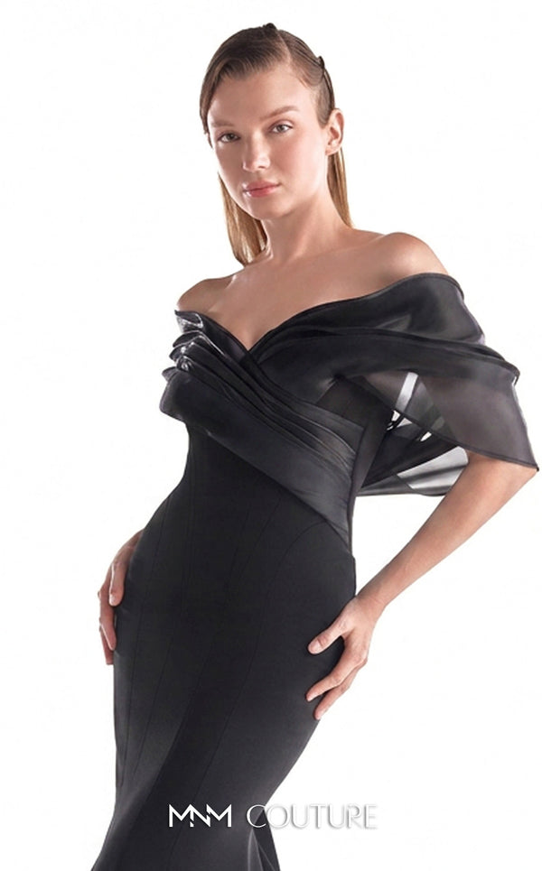 Navy crepe mermaid gown MNM Couture Style G2144 featuring an off-shoulder neckline with gracefully draped midnight blue liquid organza
