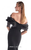 Navy crepe mermaid gown MNM Couture Style G2144 featuring an off-shoulder neckline with gracefully draped midnight blue liquid organza