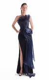 Black strapless crepe gown MNM Couture Style G2145 featuring pleated midnight blue liquid organza on the bodice and a sleek high side slit