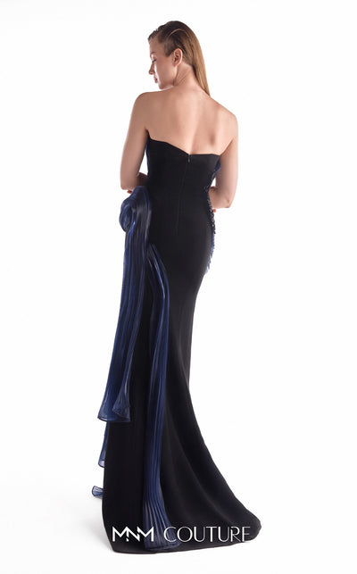 Black strapless crepe gown MNM Couture Style G2145 featuring pleated midnight blue liquid organza on the bodice and a sleek high side slit