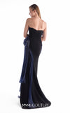 Black strapless crepe gown MNM Couture Style G2145 featuring pleated midnight blue liquid organza on the bodice and a sleek high side slit