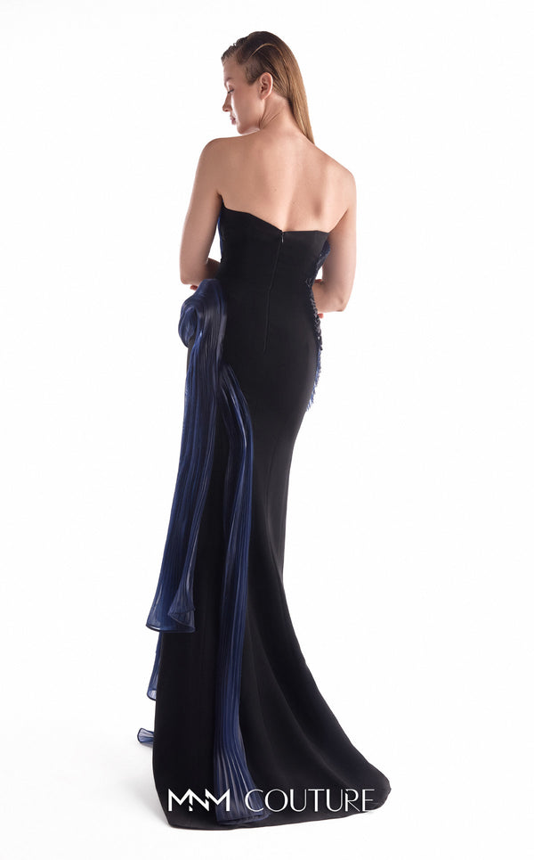 Black strapless crepe gown MNM Couture Style G2145 featuring pleated midnight blue liquid organza on the bodice and a sleek high side slit