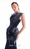 Black strapless crepe gown MNM Couture Style G2145 featuring pleated midnight blue liquid organza on the bodice and a sleek high side slit