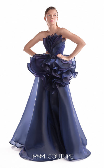 Strapless evening gown MNM Couture Style G2146 with cascading purple and navy fluid organza and a 3D floral waist bloom