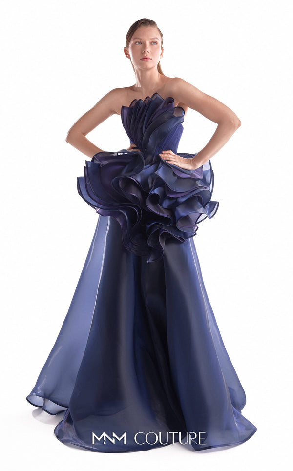 Strapless evening gown MNM Couture Style G2146 with cascading purple and navy fluid organza and a 3D floral waist bloom