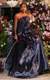 Strapless evening gown MNM Couture Style G2146 with cascading purple and navy fluid organza and a 3D floral waist bloom