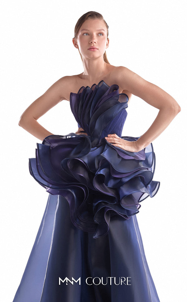 Strapless evening gown MNM Couture Style G2146 with cascading purple and navy fluid organza and a 3D floral waist bloom
