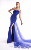 Royal blue crepe gown MNM Couture Style G2149 with a boned strapless corset bodice, floral appliqués, and a flowing tulle train