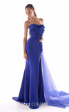 Royal blue crepe gown MNM Couture Style G2149 with a boned strapless corset bodice, floral appliqués, and a flowing tulle train