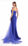 Royal blue crepe gown MNM Couture Style G2149 with a boned strapless corset bodice, floral appliqués, and a flowing tulle train