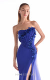 Royal blue crepe gown MNM Couture Style G2149 with a boned strapless corset bodice, floral appliqués, and a flowing tulle train
