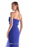 Royal blue crepe gown MNM Couture Style G2149 with a boned strapless corset bodice, floral appliqués, and a flowing tulle train