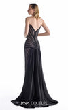 MNM Couture G2200 black sheer lace column gown with pointed sweetheart neckline, strapless corset, hand-beaded geometric embroidery, low V-back, and detachable organza overskirt with cathedral train | Couture Shop LA.