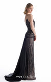 MNM Couture G2200 black sheer lace column gown with pointed sweetheart neckline, strapless corset, hand-beaded geometric embroidery, low V-back, and detachable organza overskirt with cathedral train | Couture Shop LA.