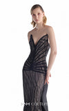 MNM Couture G2200 black sheer lace column gown with pointed sweetheart neckline, strapless corset, hand-beaded geometric embroidery, low V-back, and detachable organza overskirt with cathedral train | Couture Shop LA.
