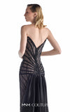 MNM Couture G2200 black sheer lace column gown with pointed sweetheart neckline, strapless corset, hand-beaded geometric embroidery, low V-back, and detachable organza overskirt with cathedral train | Couture Shop LA.