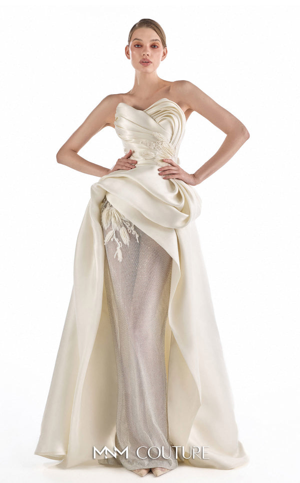 MNM Couture G2201 ivory organza and crystal mesh fitted column gown with strapless sweetheart neckline, hand-draped bodice, embroidered waist, and asymmetrical sculptural overskirt with cathedral train | Couture Shop LA.