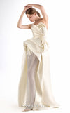 MNM Couture G2201 ivory organza and crystal mesh fitted column gown with strapless sweetheart neckline, hand-draped bodice, embroidered waist, and asymmetrical sculptural overskirt with cathedral train | Couture Shop LA.