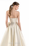 MNM Couture G2201 ivory organza and crystal mesh fitted column gown with strapless sweetheart neckline, hand-draped bodice, embroidered waist, and asymmetrical sculptural overskirt with cathedral train | Couture Shop LA.