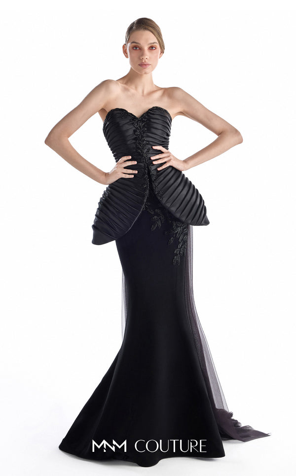 MNM Couture G2202 midnight crepe organza and lace fitted mermaid gown with strapless sweetheart neckline, pleated sculpted bodice, sculptural peplum, and flowing tulle overskirt train | Couture Shop LA.